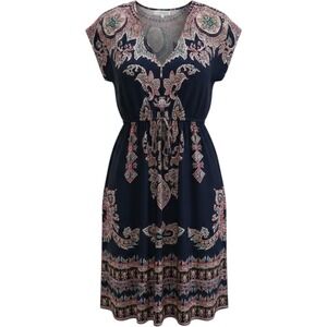 Miss Cocoa Paisley V-Neck Dress Navy Blue Boho Elastic Waist One Size ML